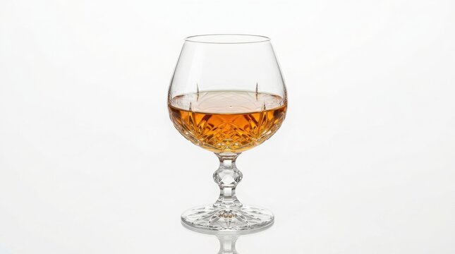 Elegant crystal snifter glass filled with amber cognac against white background amber liquid alcoholic beverage brandy glass luxury drink transparent glassware bar supplies cut glass