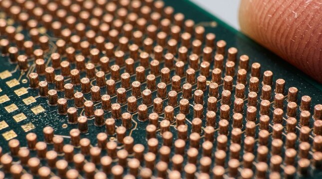 Close up of CPU pins on a green printed circuit board with a finger for scale Chip and microchip production chain.