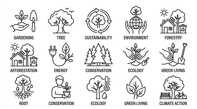 Set of environmental sustainability and tree planting line icons