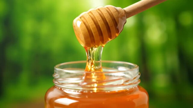 Wooden spoon scoops honey into the jar, close-up of honey dripping