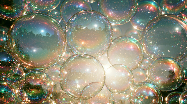 Colorful Iridescent Bubbles Reflecting Sunlight in a Dreamy Outdoor Atmosphere