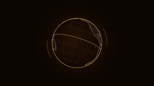 Digital Rotating Globe Wireframe Animation with Glowing Orange Tech HUD Elements