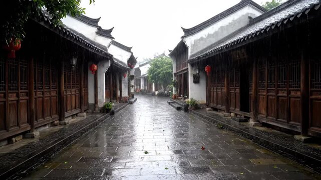 Panoramic view of the ancient street on a rainy day, bluestone pavement in the rainy town