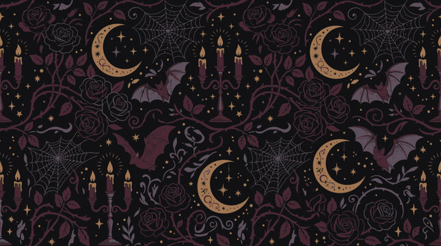 Enchanting Gothic Halloween Seamless Pattern Vector Art with Mysterious Bats, Crescent Moons, Lit Candles, and Spooky Rose Vines on a Dark Background for Decorative Design