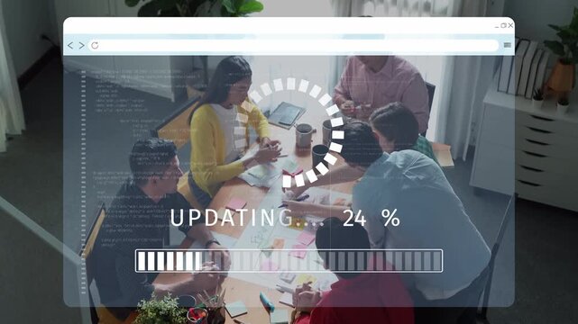 A dynamic team collaborates in a modern office environment while a digital interface displays project progress, illustrating teamwork and innovation in action. Raster