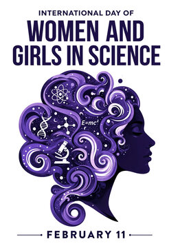 Creative illustration celebrating women and girls in science with scientific symbols and icons