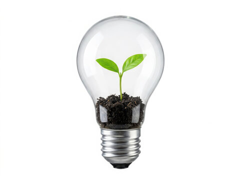 A small green plant growing inside a glass light bulb filled with dark soil