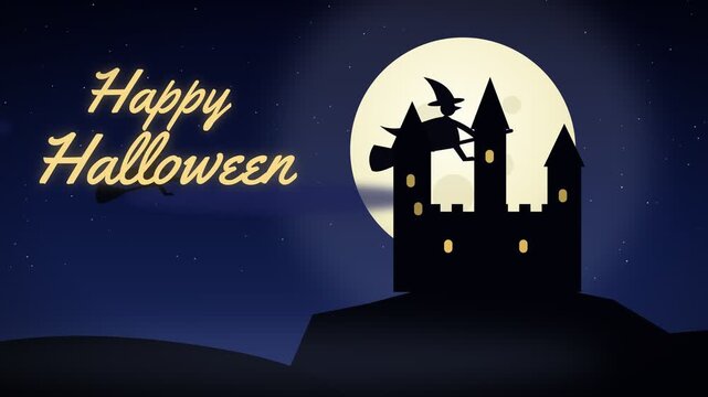 Happy Halloween spooky castle silhouette with witches flying under a full moon and starry night sky