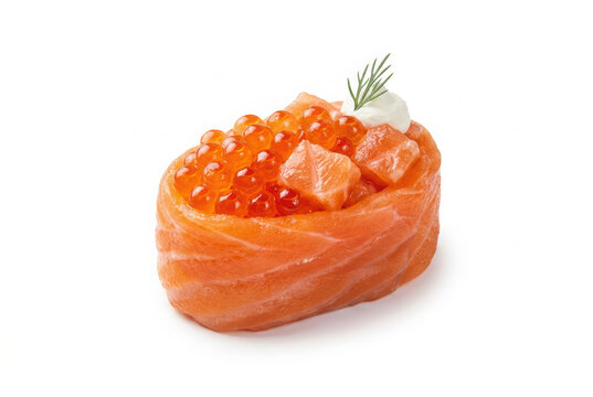 Fresh salmon nigiri sushi topped with bright orange fish roe and a dollop of cream cheese with dill herb