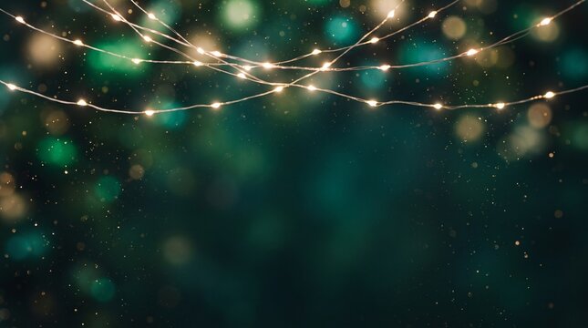 Glowing fairy lights string hanging horizontally across dark green festive holiday background with soft golden bokeh circles floating