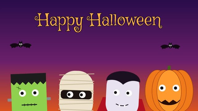 Happy Halloween greeting card with cute cartoon monsters and bats on a purple gradient background