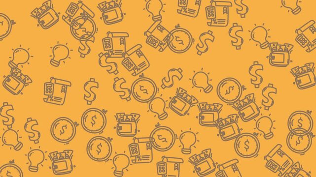 Yellow background pattern with handdrawn lightbulbs, wallets, dollar sign, and coins. Suitable for financial, savings, or investment concepts.