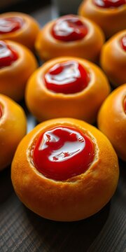 Fresh Mini Pastries Filled With Glossy Red Fruit Jam Arranged In Rows Delicious Bakery Dessert Snack Close Up Food Photography Perfect For Breakfast Catering Confectionery Menu Advertising And Gourmet