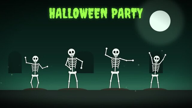 Dancing Skeletons Halloween Party Celebration with Full Moon and Bats Flying in Spooky Night Sky