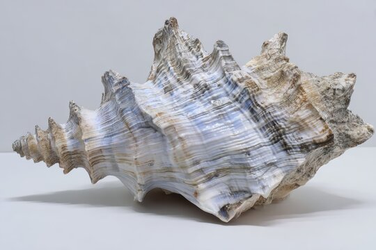 A single textured seashell resting on a flat surface