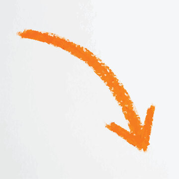 Orange chalk or pastel crayon hand drawn curved arrow pointing down