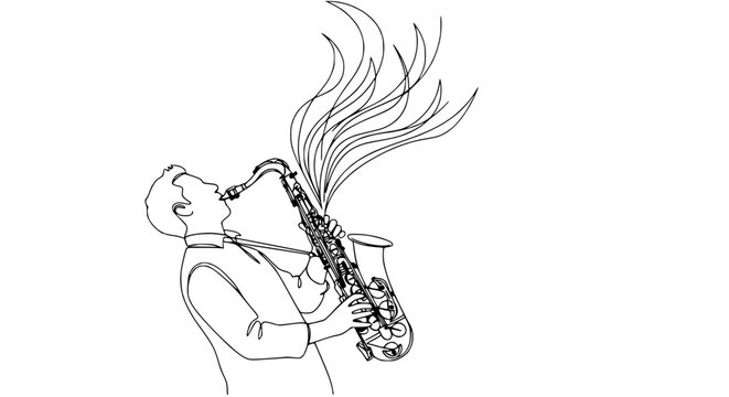 Musician playing saxophone with abstract musical notes, isolated on transparent background