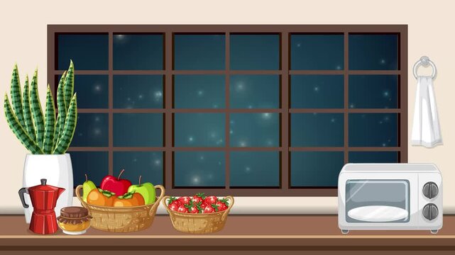 Animated Kitchen Counter with Magic Glow Particles Drifting Outside Window