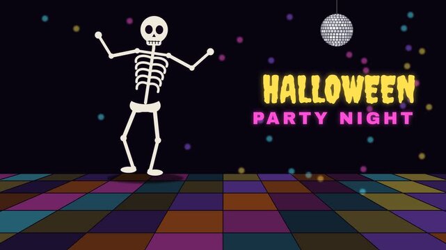 Skeleton dancing at a Halloween party night with disco ball and colorful lights