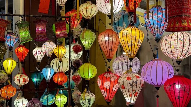 Hoi An, Vietnam - Vietnamese and Chinese Lanterns in the Ancient Town, Evening Footage, Colorful Paper Lanterns, Stunning Authentic Asian Decor, Atmospheric Historic Town Near Da Nang, Slow-Motion 4K 