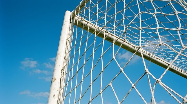 Close-up of a Soccer Goalpost and Net Under Bright Blue Sky