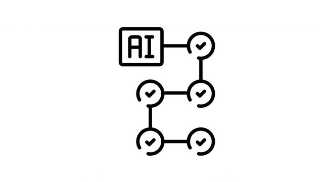 Animated Ai label connected linear sequential nodes circular checkmarks black icon monochrome pattern.