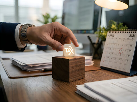 Businessman hand pressing a glowing tax button on office desk