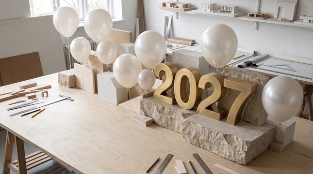 Gold 2027 numbers on stone blocks with white balloons in an architect studio workspace