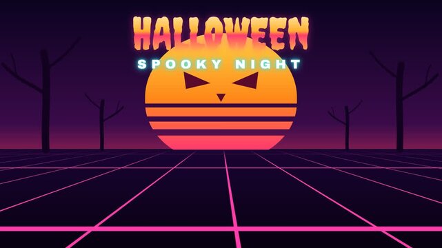 Retro Halloween Spooky Night with Neon Grid and Pumpkin Sun