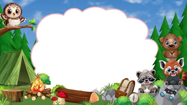 Cartoon Forest Camping Border Frame with Animated Cute Animals Loop
