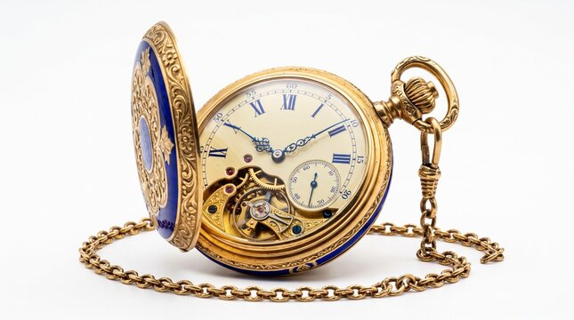 Vintage gold pocket watch with blue enamel lid, antique golden timekeeper on chain isolated on white, luxury horology timepiece