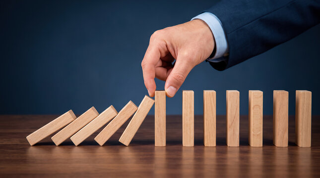 Businessman Stopping Falling Wooden Domino Blocks to Prevent Failure