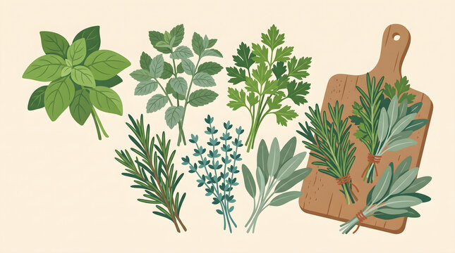 A vibrant collection of fresh culinary herbs displayed with a rustic wooden cutting board illustration