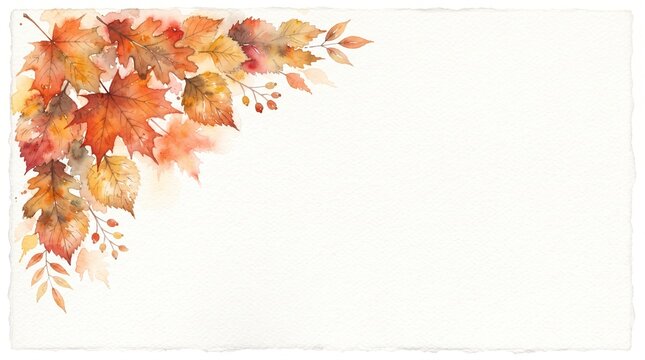 A beautiful watercolor painting of autumn leaves in vibrant shades of red orange and yellow creates a decorative corner border against a clean white backdrop
