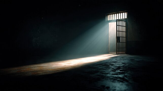Empty prison cell with door open, a beam of sunlight illuminating the dark interior.