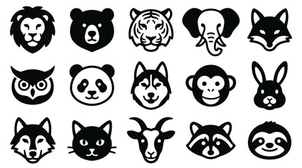 Fototapeta premium A collection of fifteen diverse animal head icons arranged in a grid featuring various wild and domestic species