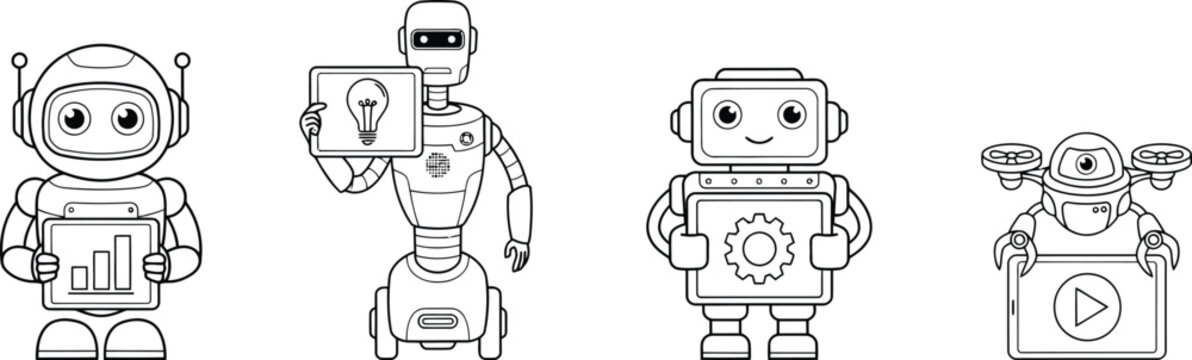 Cute cartoon robots holding charts with data a lightbulb idea gear icon and play button for tech concepts