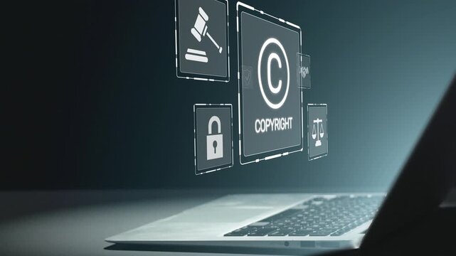 A modern representation of copyright concepts featuring a laptop and various icons that symbolize legal protection, intellectual property, and rights management in the digital age. Salient