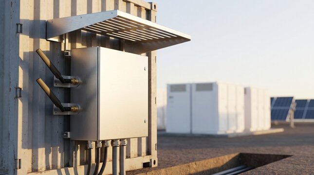 Ruggedized microgrid edge iot gateway enclosure with aluminum solar radiation sunshade shield and mimo antennas mounted on outdoor utility scale battery energy storage system bess container