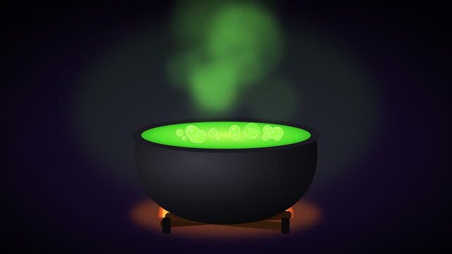 Bubbling Green Potion in a Witch's Cauldron on a Fire with Smoke Rising