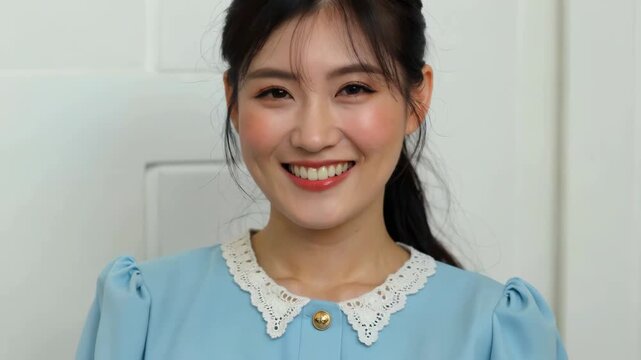 Close-up of a smiling woman on half of her body, a young woman with a sweet smile