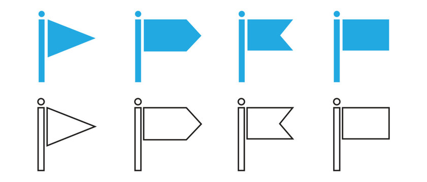 Minimalist flag icons set in blue and outline black styles featuring triangle pointer banner and rectangular shapes