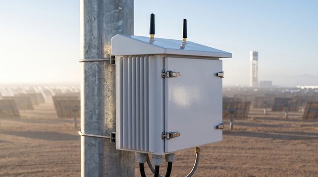 Desert rated smart grid iot monitoring gateway with ceramic heat barrier coating and sloped roof mounted to galvanized pylon of tracking heliostat mirror in concentrated solar power plant