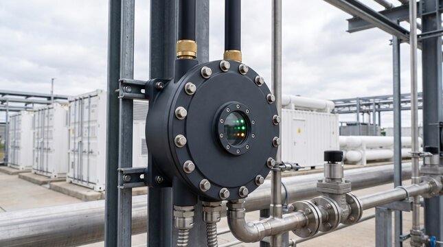 Explosion proof smart grid edge computing iot gateway with radial bolted cover mounted to structural pipe rack stanchion at industrial green hydrogen pem electrolysis balancing facility