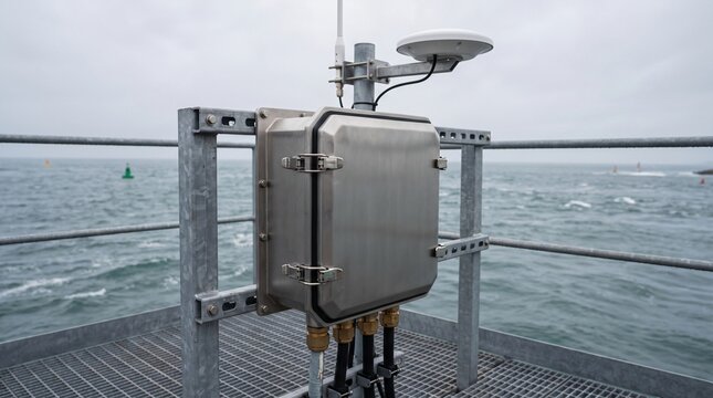 Marine grade ip68 smart grid iot edge telemetry gateway with sacrificial zinc anodes mounted on galvanized steel frame on weather deck of offshore tidal and wave energy export platform station