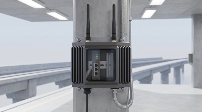 Vibration isolated smart grid iot edge computing gateway mounted to stainless stanchion at automated linear motor feeder substation for high speed magnetic levitation maglev transit guideway
