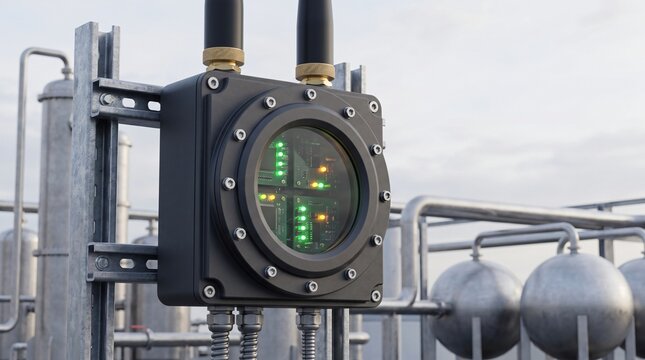 Explosion proof smart grid telemetry edge gateway with circular bolted cover mounted to unistrut framework on high pressure carbon dioxide compression and liquefaction skid at ccus facility