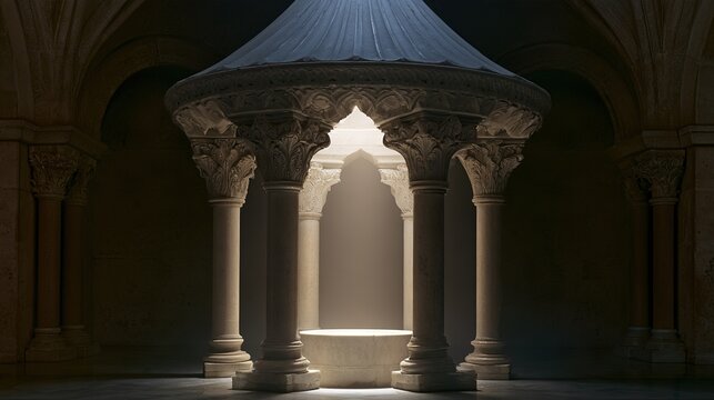solemn. Four marble columns supporting a domed canopy, creating a solemn space. real-estate listings, architecture portfolios, designed for architectural facade and classical detail presentations.