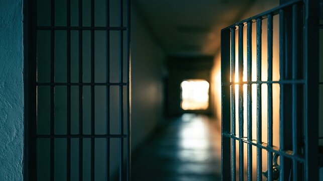 prison. Open prison cell door with light streaming into the dark interior. real-estate listings, architecture portfolios, designed for real-estate listing and luxury residence showcases.