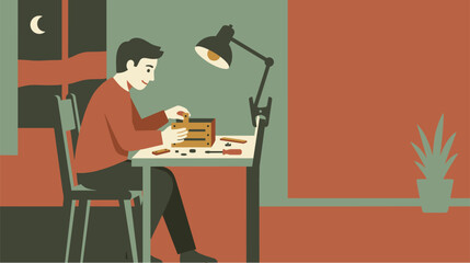 Fototapeta premium Man assembling intricate puzzle on desk under desk lamp at night